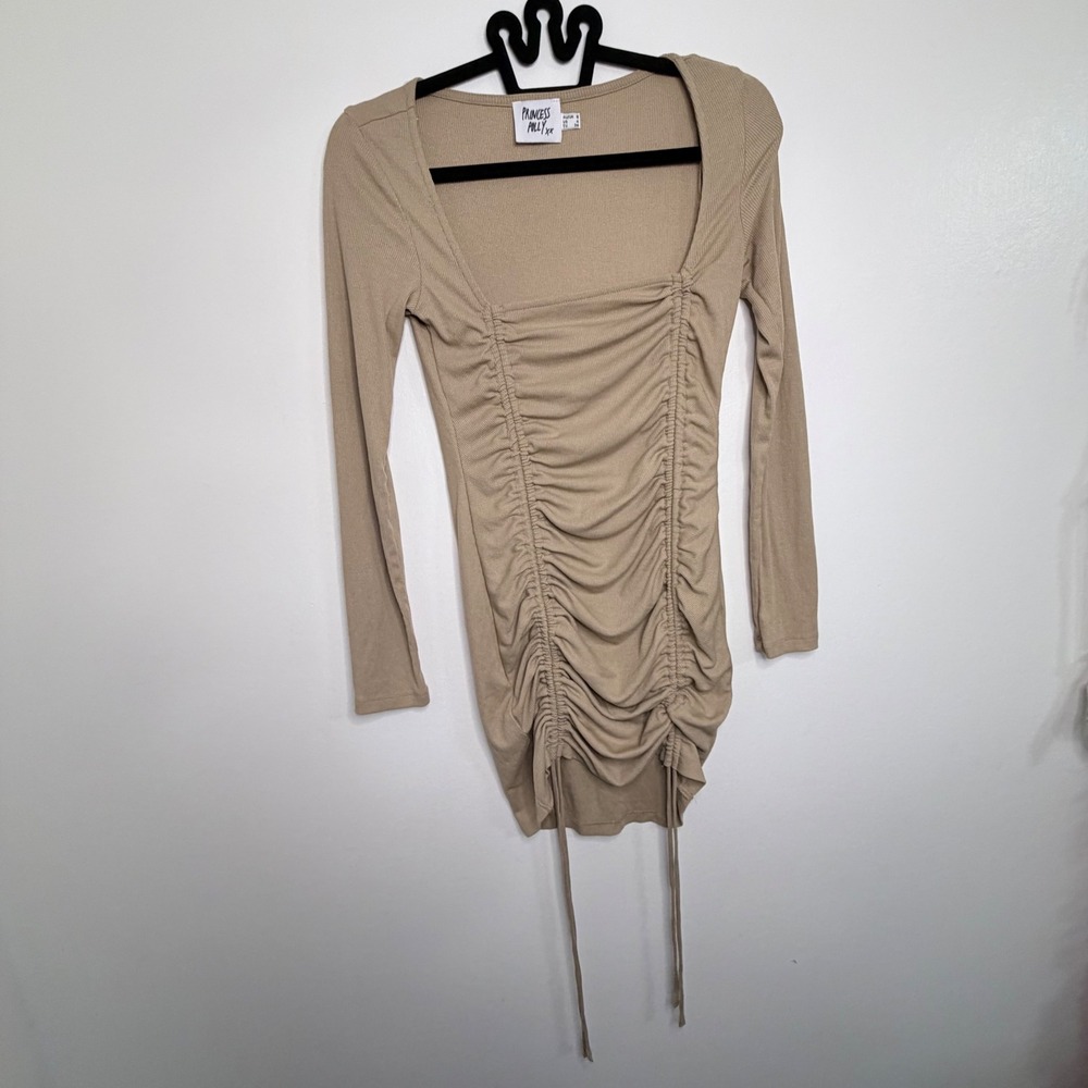 Princess Polly Tan Ribbed Long Sleeve Ruched Mini Dress Size‎ US 4 Square Neck